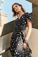 Chiffon Dot Print Wrap Dress - Black/vanilla