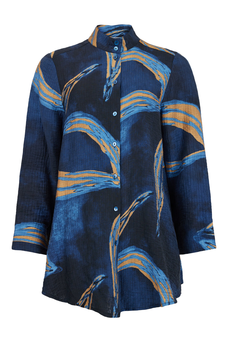 GRANDFATHER COLLAR SHIRT - Navy, beige