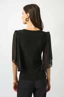 Silky Knit & Chiffon Top - Black