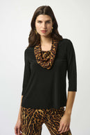 Satin Animal Print Collar Top - Black/brown