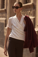 Satin And Silky Knit Wrap Top - Winter White