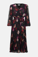 Pleated Chiffon Floral Dress - Black/multi