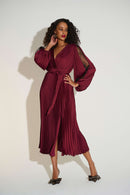 Pleated Satin Fit & Flare Dress - Merlot