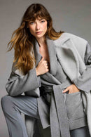 Wool Blend Belted Coat - Light Grey
