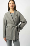 Wool Blend Belted Coat - Light Grey