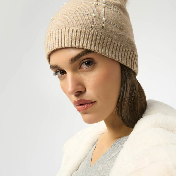 NEW JOSEPH RIBKOFF beaded pom-pom beanie in taupe melange Joseph Ribkoff - Knitted Faux Fur Pompom Hat in Taupe  main image 3