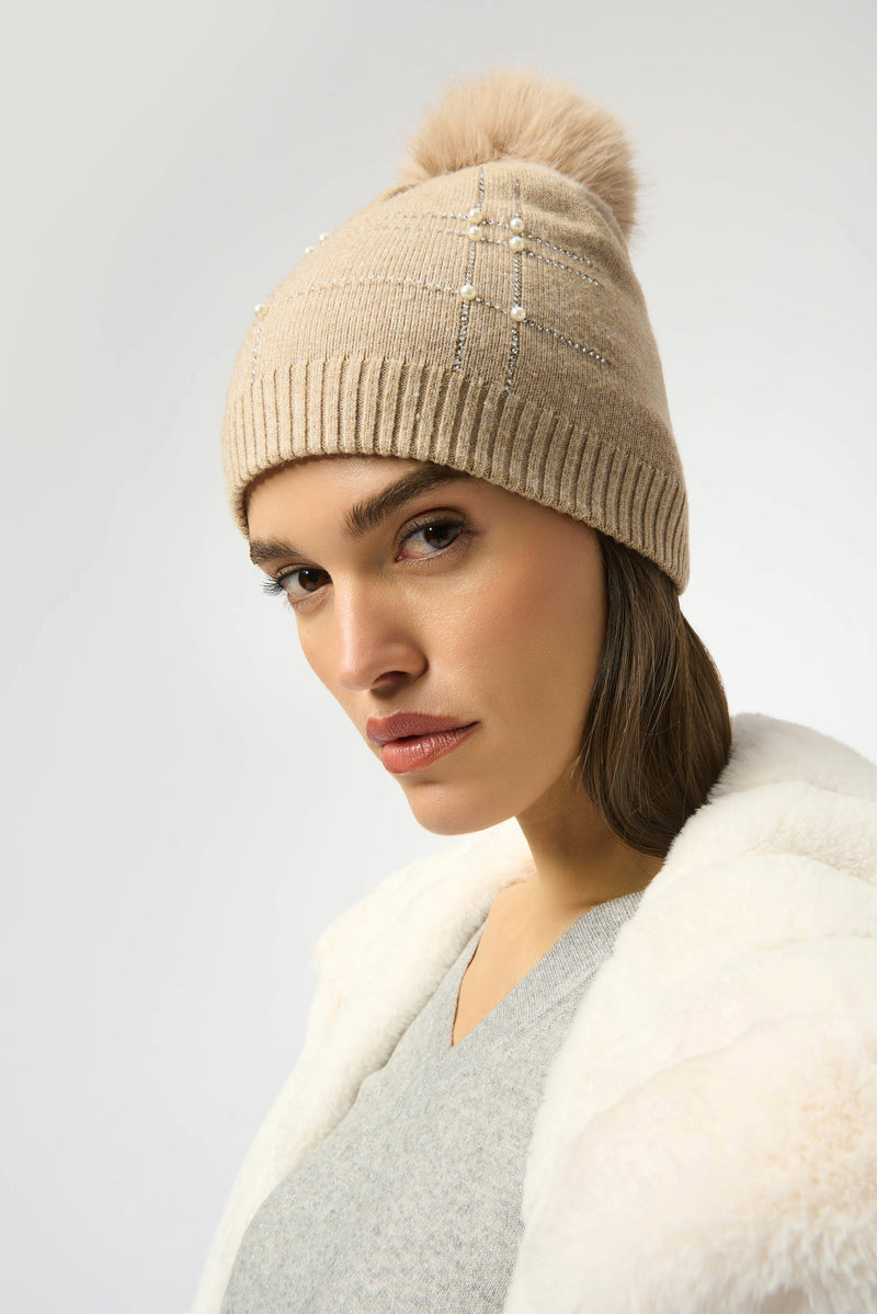 Knit Faux Fur Pompom Hat - Taupe Melange