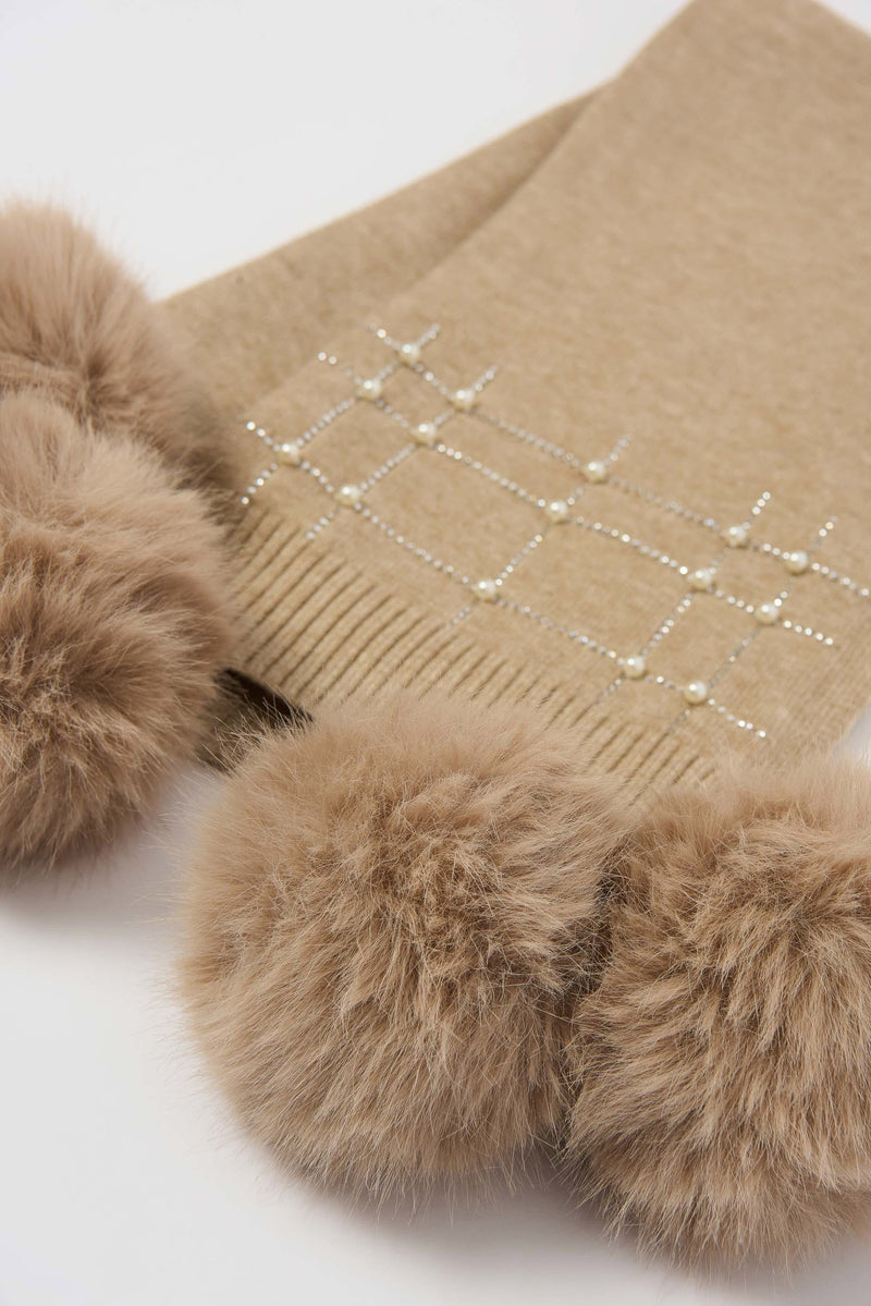 Knit FauxFur Pompom Scarf - Taupe Melange