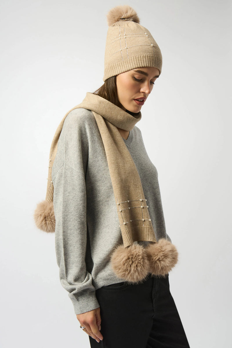 Knit FauxFur Pompom Scarf - Taupe Melange