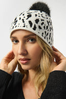 Animal Print Pompom Hat - Winter White/black