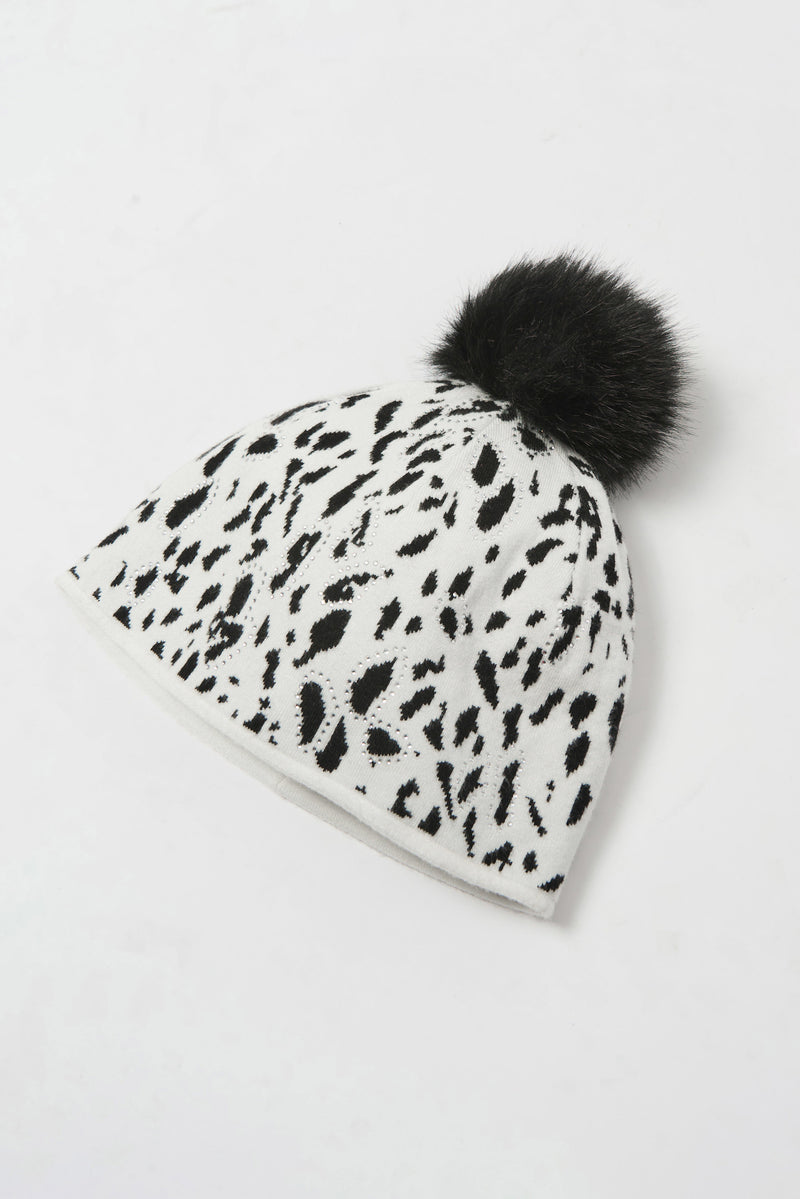 Animal Print Pompom Hat - Winter White/black