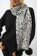 Animal Print Pompom Scarf - Winter White/black