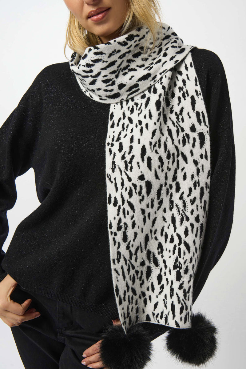 Animal Print Pompom Scarf - Winter White/black