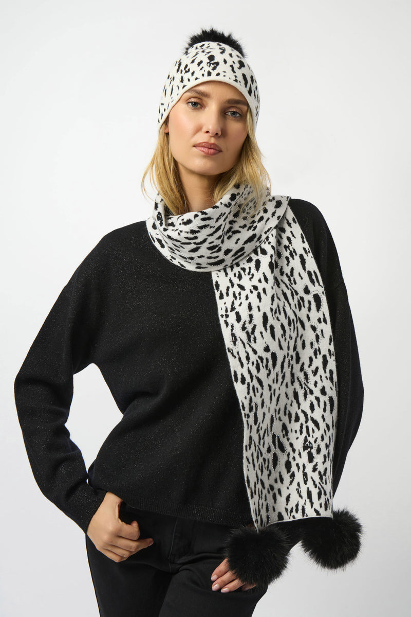 Animal Print Pompom Scarf - Winter White/black