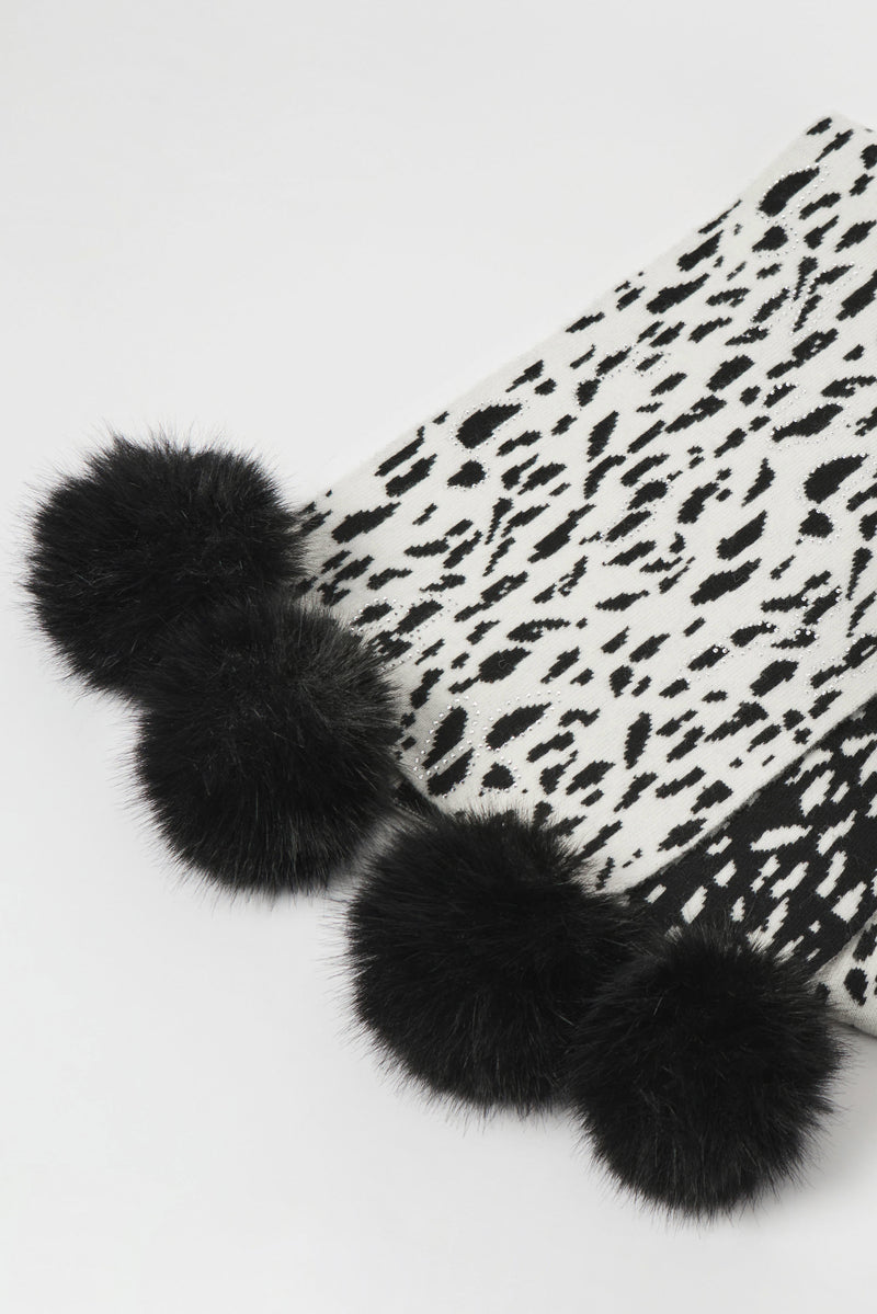 Animal Print Pompom Scarf - Winter White/black