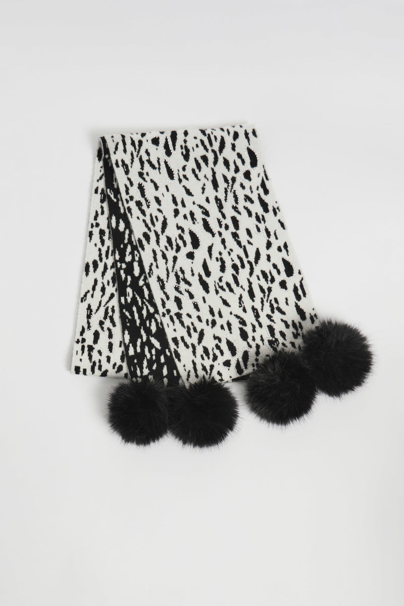 Animal Print Pompom Scarf - Winter White/black