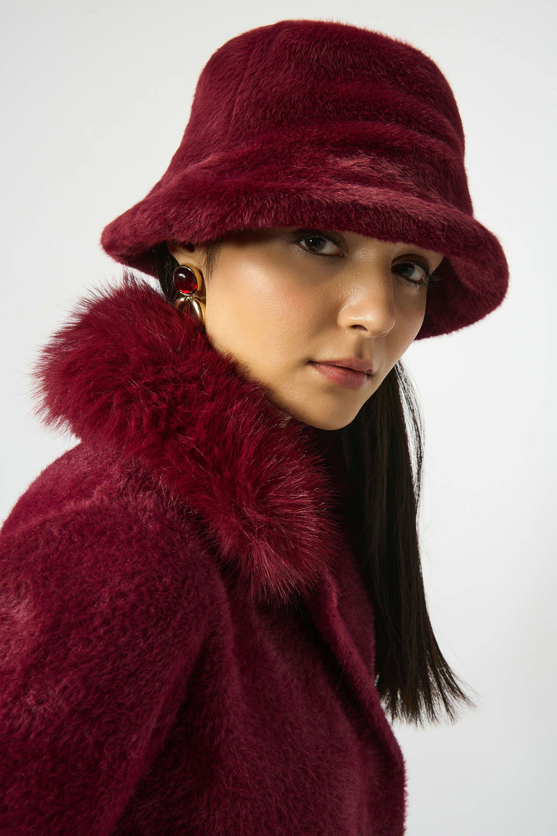 Faux Fur Bucket Hat - Merlot