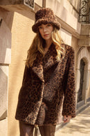 Faux Fur Leopard Bucket Hat - Beige/black