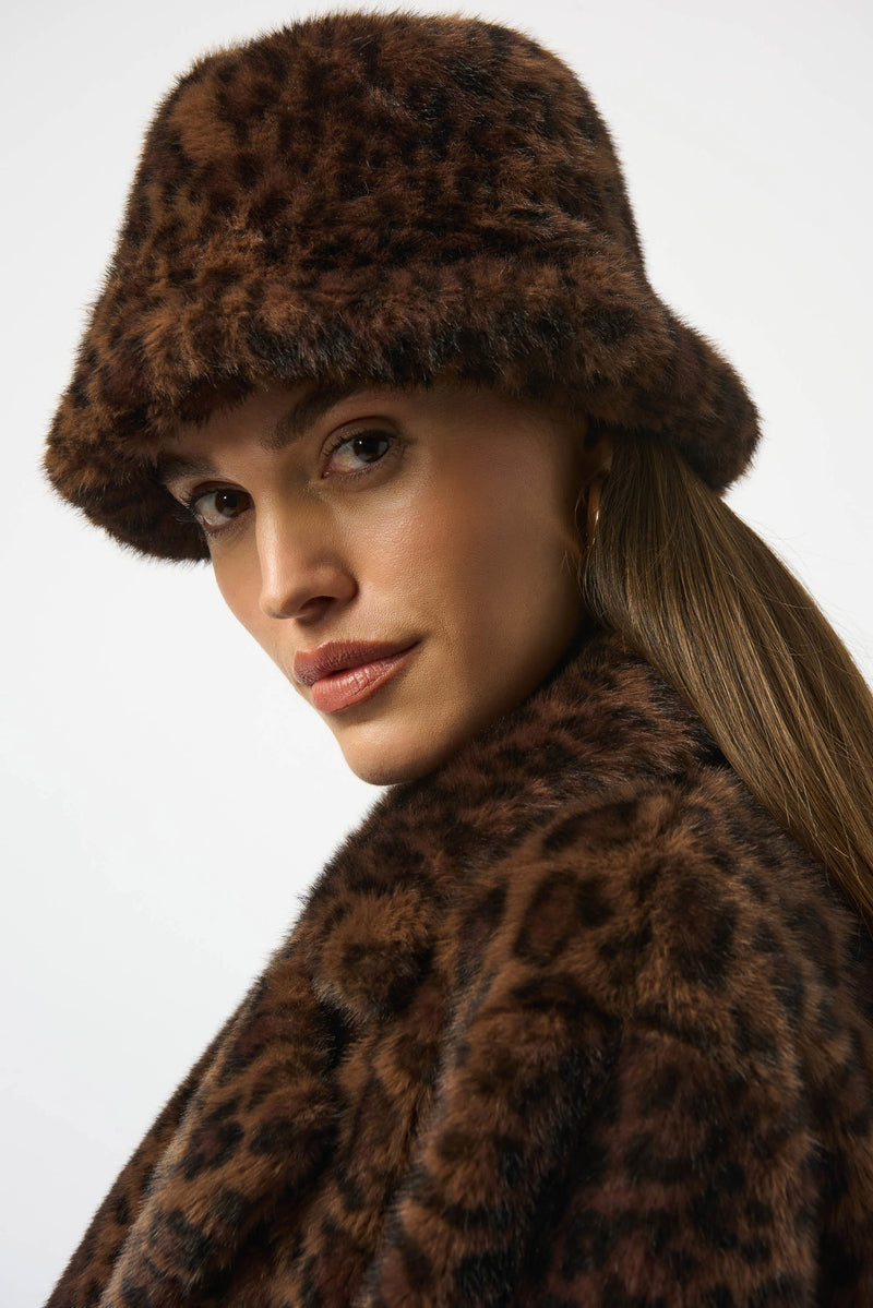 Faux Fur Leopard Bucket Hat - Beige/black
