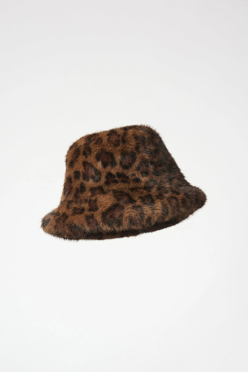 Faux Fur Leopard Bucket Hat - Beige/black