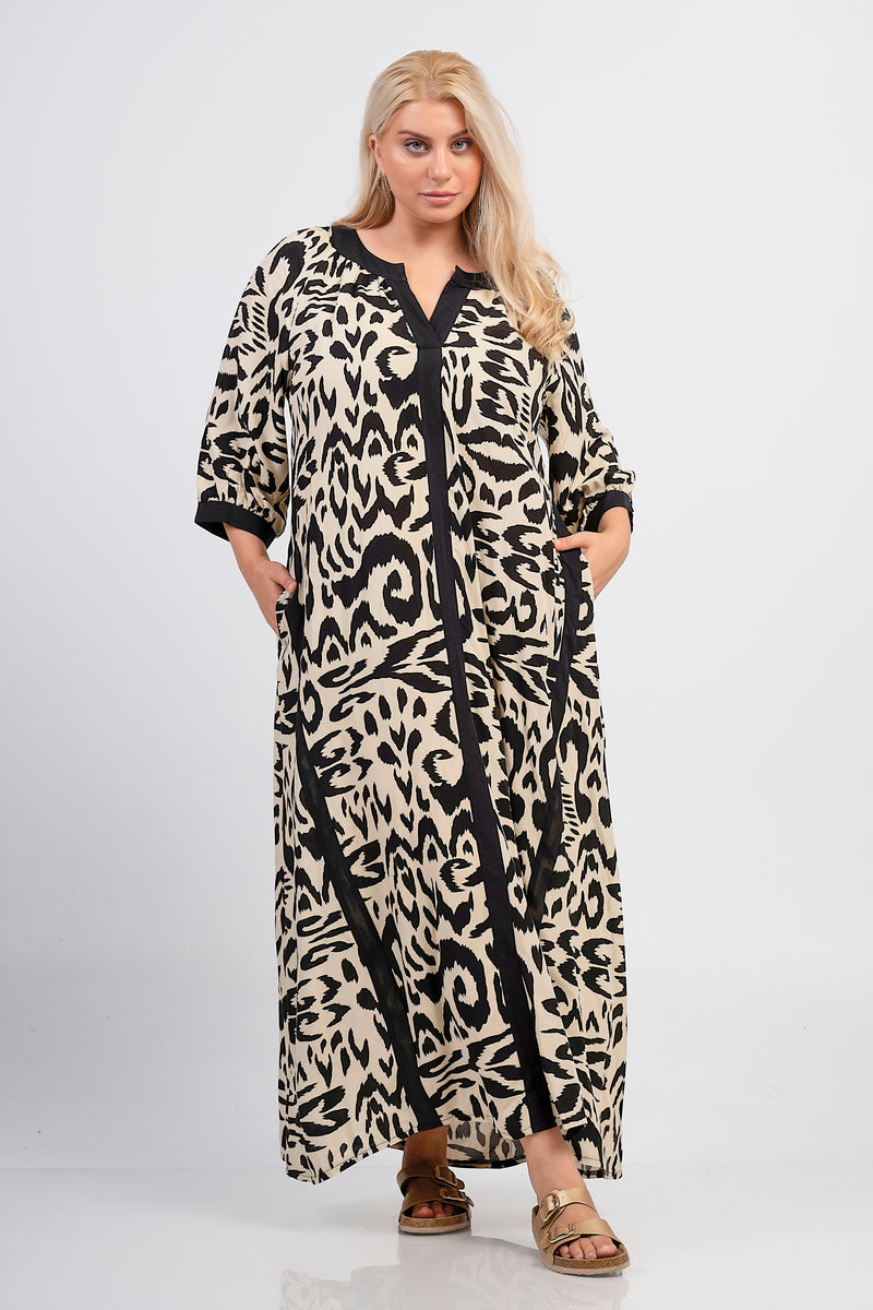 Leopard print belted dress - Black/beige