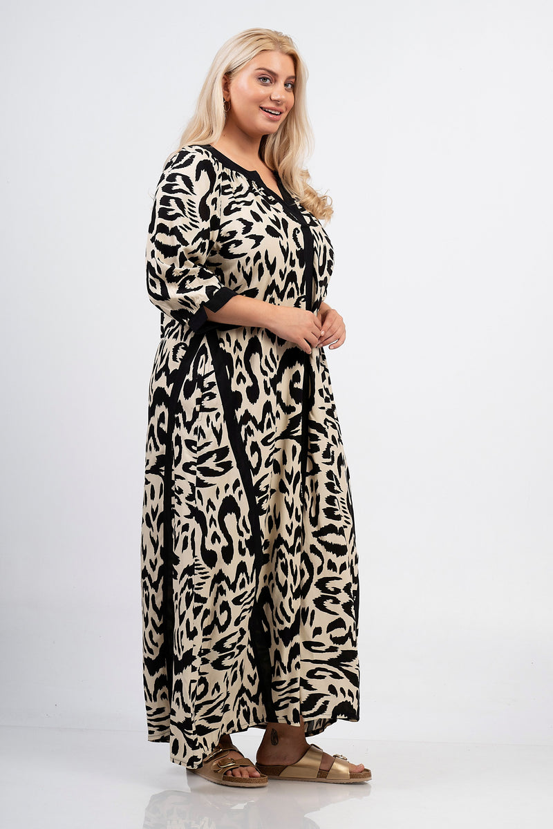 Leopard print belted dress - Black/beige