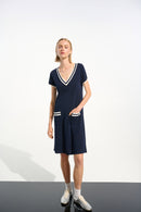 Rib Trim A-Line Dress - Indigo/vanilla