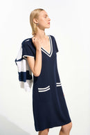 Rib Trim A-Line Dress - Indigo/vanilla