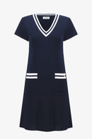 Rib Trim A-Line Dress - Indigo/vanilla