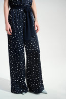 Dot Print Wide Leg Trouser - Midnight Blue/vanilla