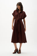 Linen Blend Shirt Dress - Mahogany