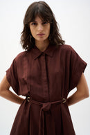 Linen Blend Shirt Dress - Mahogany