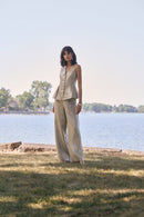 Foiled Linen Wide Leg Trouser - Champagne