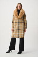 FauxFur Collar Plaid Coat - Camel/multi
