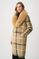 FauxFur Collar Plaid Coat - Camel/multi