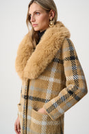 FauxFur Collar Plaid Coat - Camel/multi