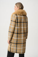 FauxFur Collar Plaid Coat - Camel/multi