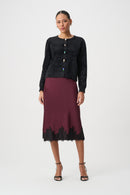 Satin Lace Trim Midi Skirt - Elderberry/black