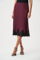 Satin Lace Trim Midi Skirt - Elderberry/black