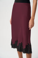Satin Lace Trim Midi Skirt - Elderberry/black