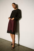 Satin Lace Trim Midi Skirt - Elderberry/black