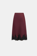 Satin Lace Trim Midi Skirt - Elderberry/black