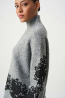 Lace Applique Sweater - Grey Melange/black