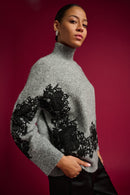 Lace Applique Sweater - Grey Melange/black