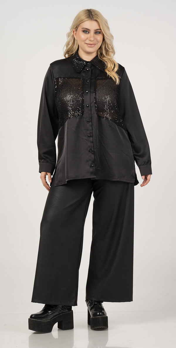 SATIN/GLITTER SHIRT - Black