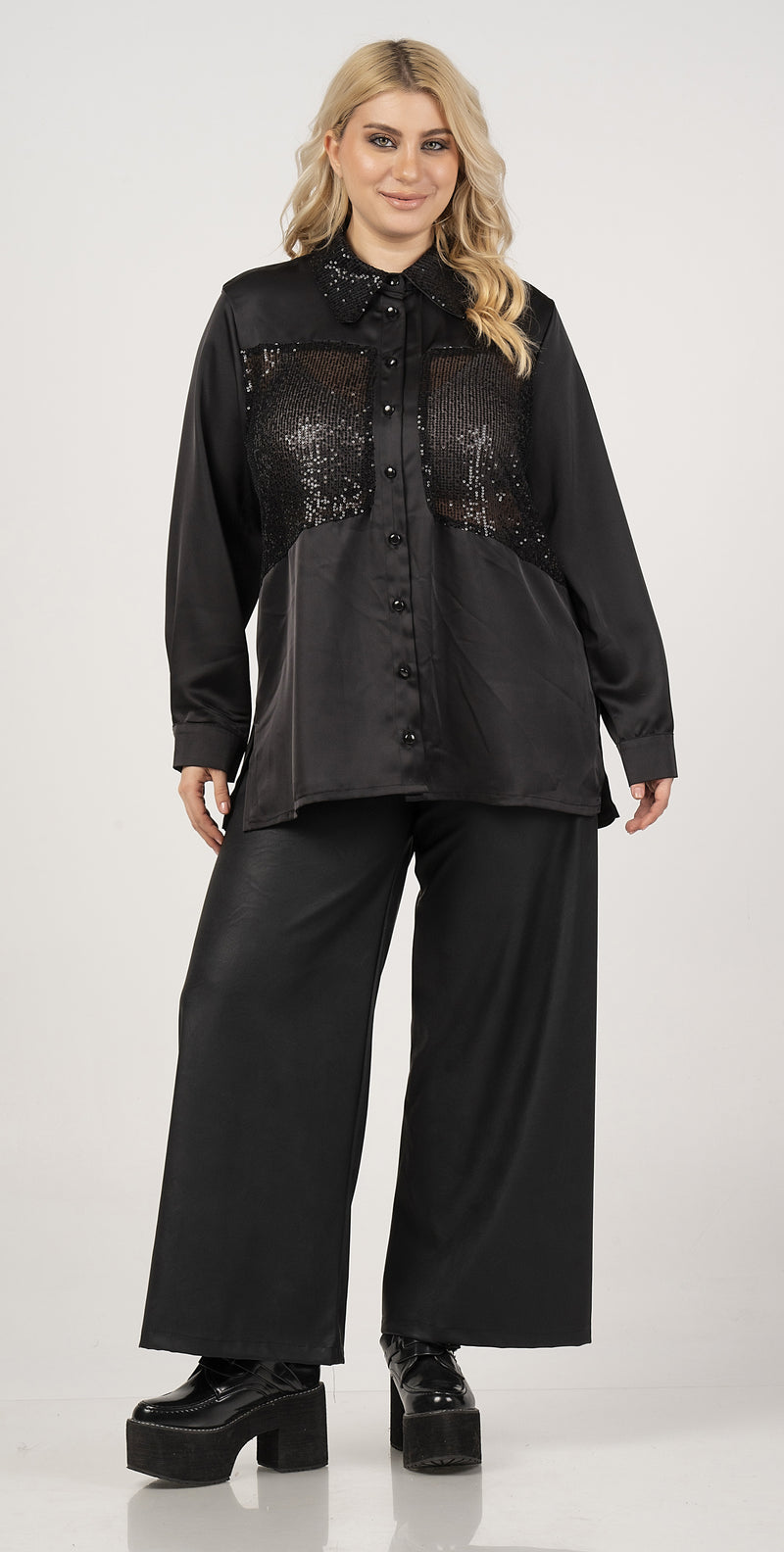 SATIN/GLITTER SHIRT - Black