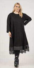 DRESS WITH PLETHER AND LACE TRIM - Black