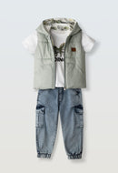 3-Piece T-Shirt, Gilet & Jean Set - Green
