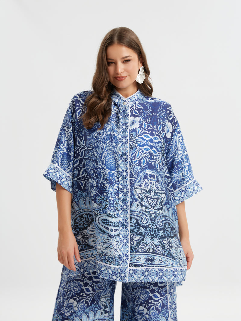 SATIN MANDERN NECK SHIRT - Blue