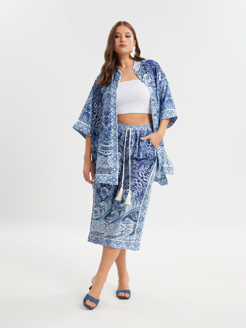 SATIN MANDERN NECK SHIRT - Blue